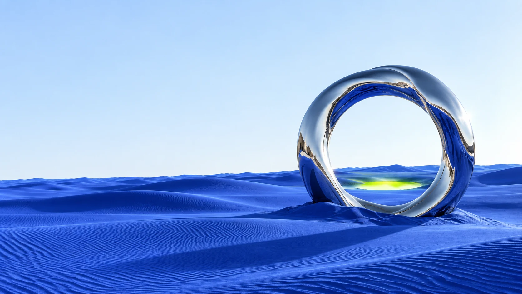 A sculptural chrome ring in cobalt dunes, framing a bright lime oasis.